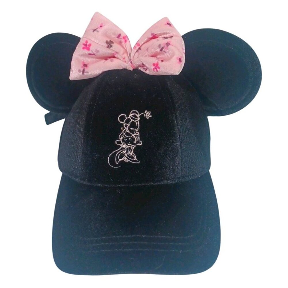 New Minnie Mouse Ears  Adult Velvet Adjustable Hat Cap With Pink Floral Bow - Picture 4 of 10